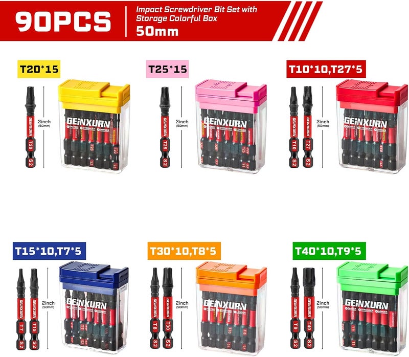 GEINXURN 90 Pieces Torx Impact Screwdriver Bits Set with Colorful Boxes, 2" Magnetic T7-T40 S2 Steel Multi Driver Bits with Box - Image 2